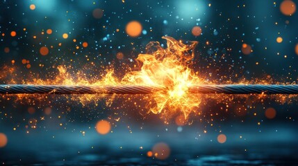 Burning rope, fiery sparks, dark background