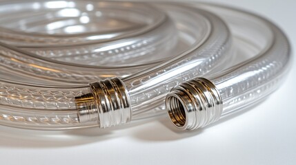 Clear plastic tubing coiled, metal fittings