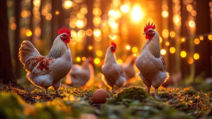 Chickens in a sunlit forest at dawn
