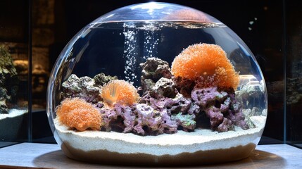 Clear, round aquarium with orange coral and rocks