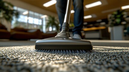 Close-up of a person vacuuming carpet in an office