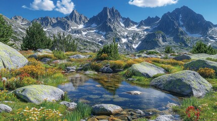 Alpine meadow, reflecting pool, jagged peaks