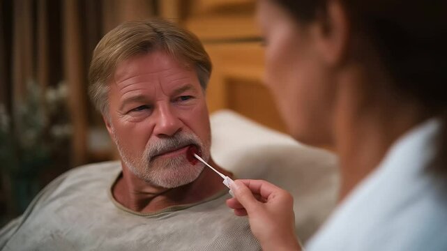 Caregiver treating a cut lip with antiseptic cotton swab
