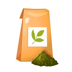 Eco friendly Tea Packaging design with green tea leaves near isolated on white background.
