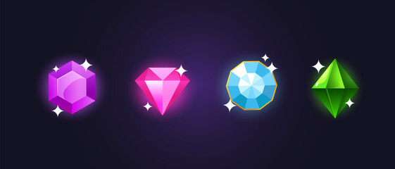Vector shining precious gems different colors and types isolated on gradient purple background.