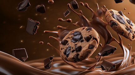 Delicious chocolate chip cookies explosion with splash, perfect for tempting dessert advertisements and sweet treat promotions