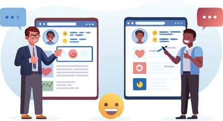 Two people presenting social media profiles with speech bubbles and a smiling emoji in a light background