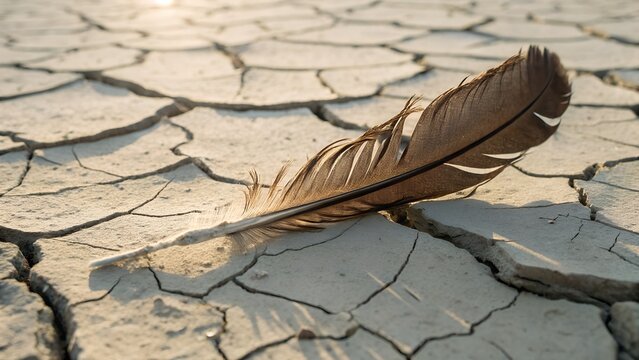 Single brown feather resting on cracked dry soil, soft shadow under natural light - Powered by Adobe