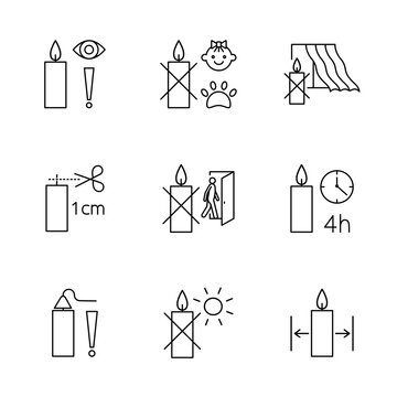 Candle safety icons for labels. Linear, editable stroke