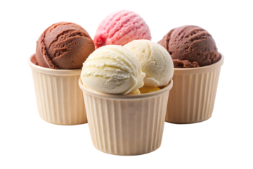 Three beige paper cups filled with scoops of vanilla strawberry and chocolate ice cream balls isolated on a transparent background