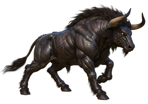 A muscular black bull with menacing yellow eyes and large curved horns depicted in a dynamic charging pose against a black backdrop