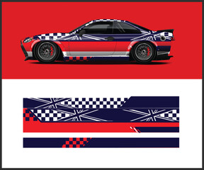 Dynamic racing car design with red white and blue checkered flag graphics and abstract elements