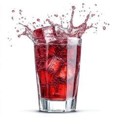 Glass of Overflowing Cranberry Juice with Ice Cubes Splashing