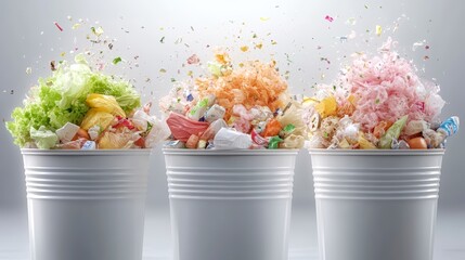 A vibrant composition of overflowing trash bins filled with colorful waste, demonstrating the impact of consumerism and waste management, Ideal for sustainability articles or eco-awareness campaigns,