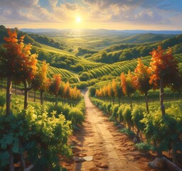Illustration of path in wineyard field.