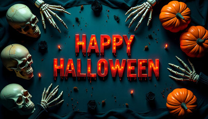 "Happy Halloween" written in bold red letters on a black background, surrounded by spooky elements like pumpkins, bats, spiders, and bones for a creepy festive vibe.
