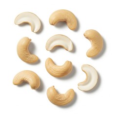 Photorealistic Whole and Halved Cashew Nuts on White Background