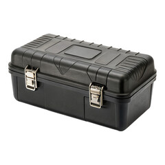 Black plastic carrying case with two latches rectangular shape isolate