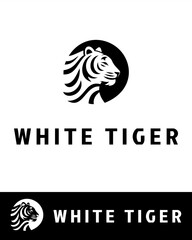 A modern and minimalist white tiger head logo design with bold stripes and circular background in black and white 