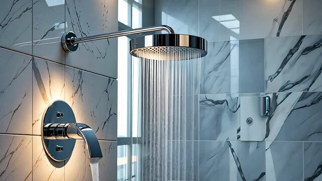 Contemporary chrome shower head with flowing water in luxury marble bathroom interior and tiled walls