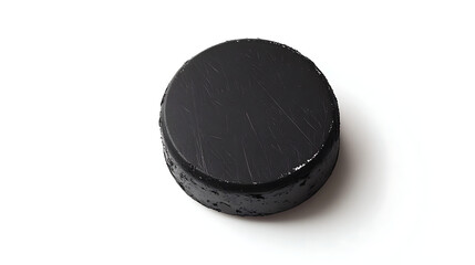 Used hockey puck shows grit after intense game perfect for sports equipment ads and athletic brands