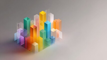 Colorful transparent 3D bar chart with geometric glass columns on soft grey background, ideal for financial reports, creative data visualization and infographic design usage