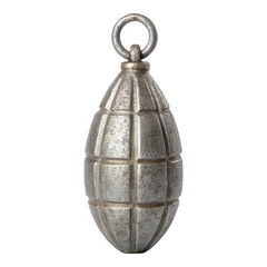 Close up of a silver metal hand grenade with a ring isolated weapon military