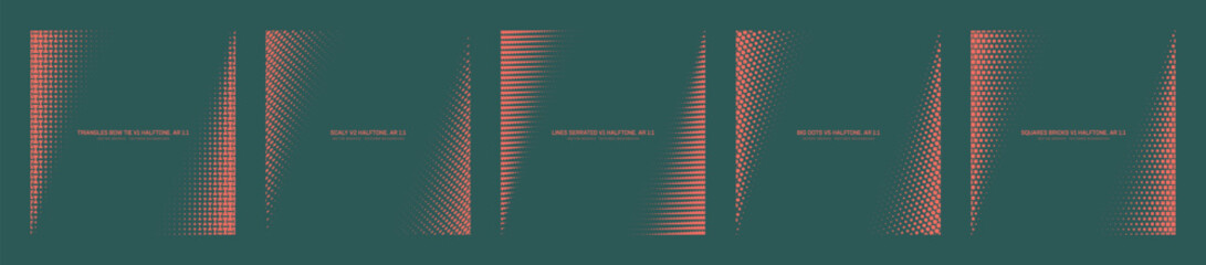 Assorted vector halftone angled frames set in square 1:1 aspect ratio including triangles, scale, serrated lines, big dots and squares grids. Various half tone textured abstract modern design elements