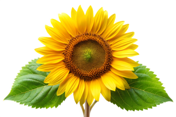 Vibrant Yellow Sunflower with Two Lush Green Leaves A I G E N E R A T E D - P N G isolated on a transparent background
