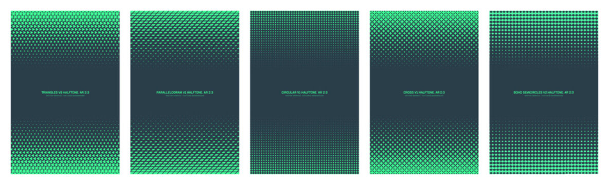Assorted vector bright turquoise halftone faded frames set in vertical 2:3 aspect ratio including triangle, parallelogram, circular, cross and semicircle grids. Various half tone textured designs