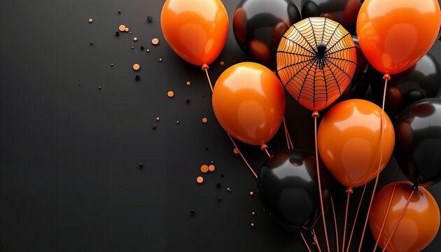 A collection of orange and black balloons arranged on a black background. Some balloons are round, and one has a decorative pattern. Confetti is scattered around. - Powered by Adobe