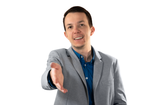 Smiling male professional extending hand forward in an inviting motion for handshake, representing business cooperation or greeting. Isolated portrait. Transparent png