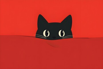 Illustration of a black cartoon cat with round eyes peeking out from under a blanket-like shadow on a bright red surface, ears and eyes appearing full on a blank red background