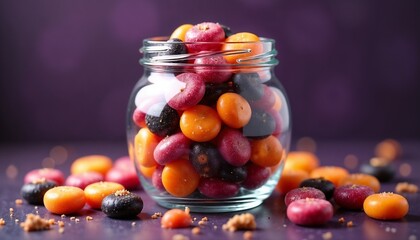 A glass jar filled with colorful jelly beans in various shades of orange, purple, and black. Some jelly beans are scattered around the jar on a dark surface.