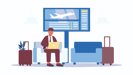 Man working on laptop in airport lounge with flight information display and luggage waiting to board plane