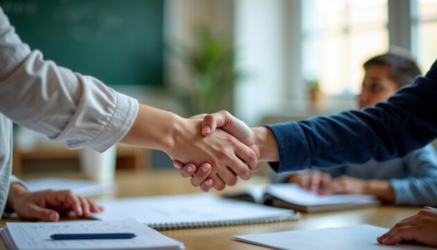 Two people shaking hands in a modern office setting. A diverse group of individuals is seated at a table with notebooks and a chalkboard in the background.
