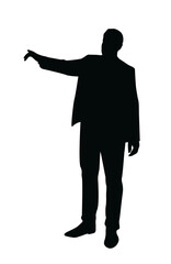 Silhouette of a man in formal attire pointing to the left side, black vector style on a plain white background. Concept of direction, guidance, leadership. Vector illustration
