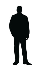 Silhouette of a man in a formal suit standing upright, minimalistic black graphic style on white background. Concept of anonymity, business, identity. Vector illustration