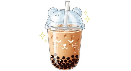 Isolated Boba Tea with Cat Design