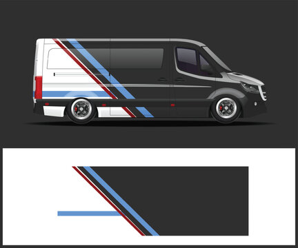 Modern van with dynamic racing stripes and abstract graphic design