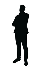 Silhouette of a man standing with arms crossed in a thoughtful pose, solid black graphic style, isolated on white background. Concept of decision making. Vector illustration