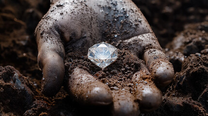 found diamond in dirty hands, man holds diamond found during excavations in the ground, extraction of diamonds and precious jewels, generative ai