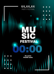 Fototapeta premium Music festival poster featuring glowing soundwave graphics, modern abstract style, on a dark background. Concept of electronic party event with DJ. Vector illustration