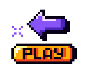 Purple pixelated arrow pointing left with orange play button in retro style on white background. Concept of gaming interface icon. Vector illustration