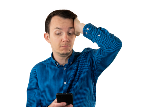 Man looking frustrated at smartphone with hand on head, symbolizing confusion, stress or problem related to digital communication. Isolated portrait. Transparent png