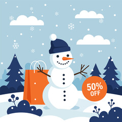 Cute vector snowman and Christmas tree illustration on a festive winter holiday