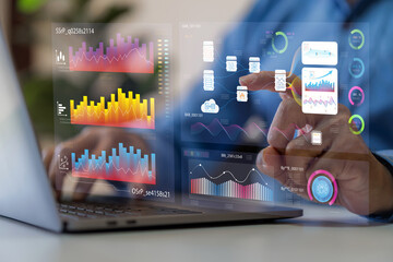 Business analytics, complex data with dashboards, multitasking expert data analyzing financial statistics, market research and digital marketing metrics, KPI, ROI, big data, financial planning