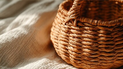 Obraz premium Close-up of a handwoven straw basket on textured fabric in natural light, showing braided pattern and rustic fiber material, horizontal format, home decor and craft detail.