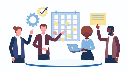 Team members collaborate on project planning using calendar and sticky notes in a business environment setting