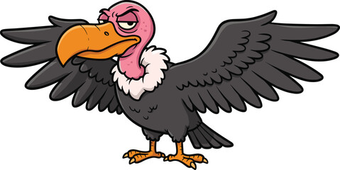 Angry cartoon vulture with open wings, funny scavenger bird illustration, wildlife character, vector animal art, isolated clipart design